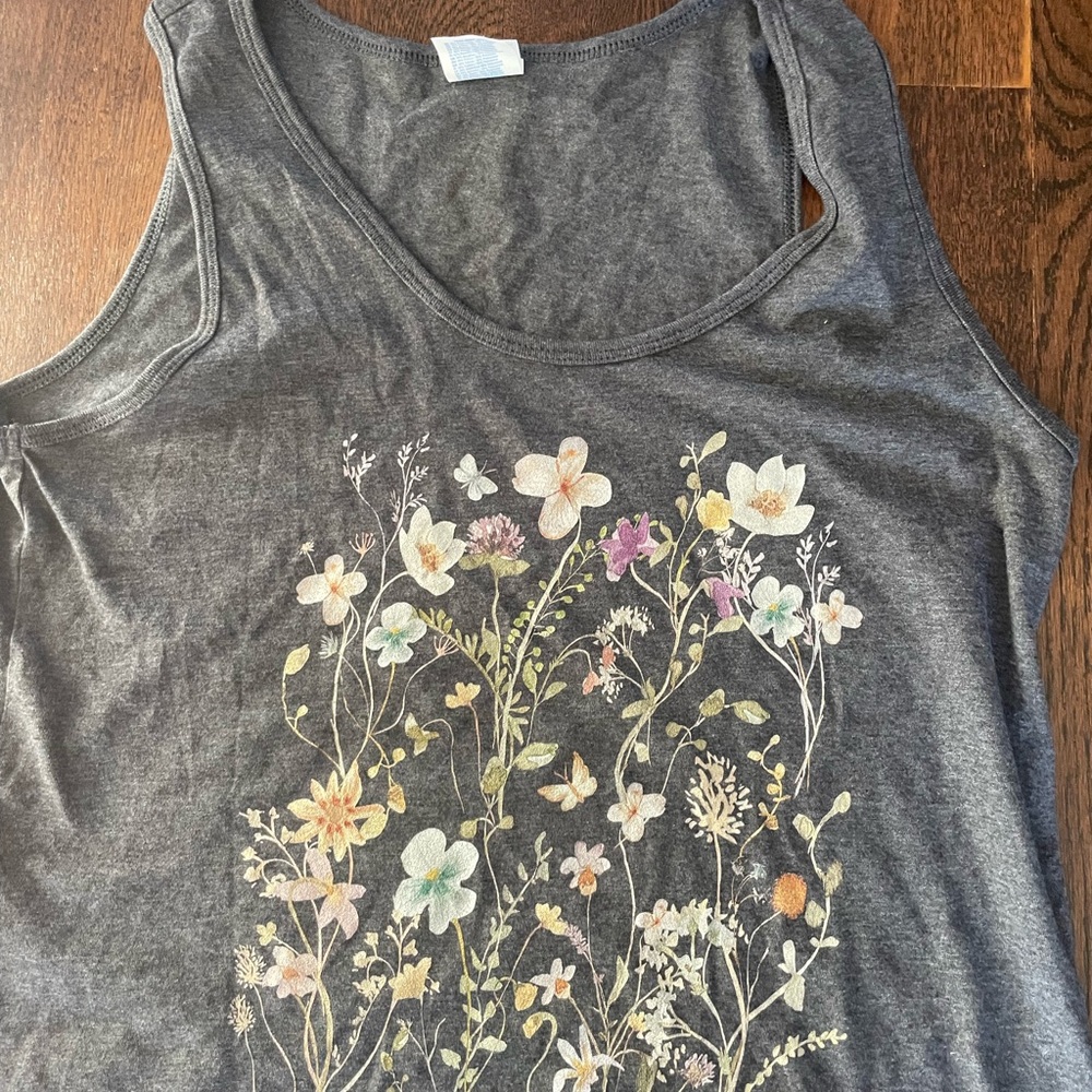 Botanical floral heathered Gray Tank Top sz L